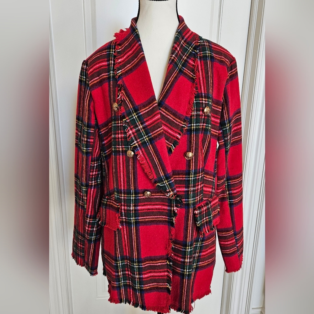 HYFEV Red Plaid Double-Breasted Women's Jacket Size Large